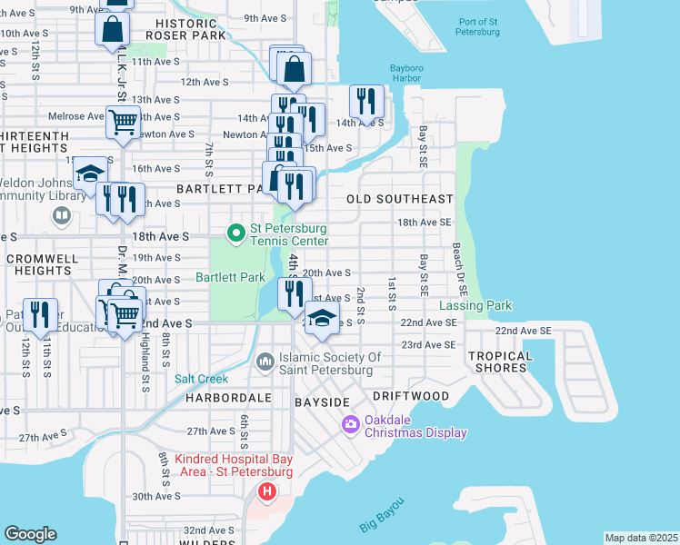 map of restaurants, bars, coffee shops, grocery stores, and more near 253 21st Avenue Southeast in St. Petersburg