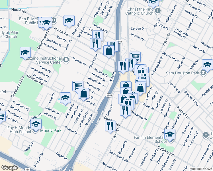 map of restaurants, bars, coffee shops, grocery stores, and more near 2138 Rosalie Boulevard in Corpus Christi
