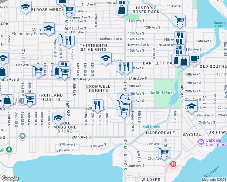 map of restaurants, bars, coffee shops, grocery stores, and more near 2010 Seminole Boulevard South in St. Petersburg
