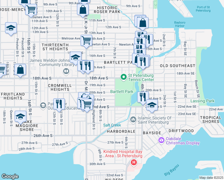map of restaurants, bars, coffee shops, grocery stores, and more near 2001 7th Street South in St. Petersburg