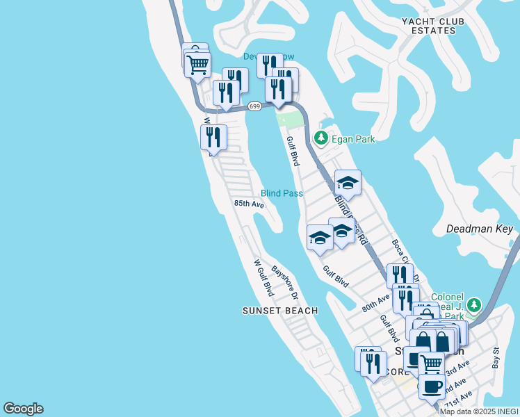 map of restaurants, bars, coffee shops, grocery stores, and more near 8543 Blind Pass Drive in Treasure Island