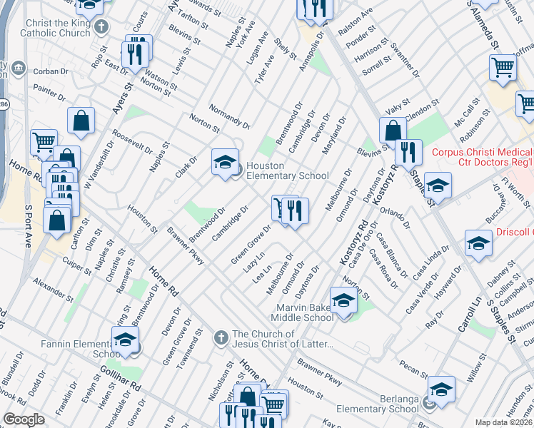 map of restaurants, bars, coffee shops, grocery stores, and more near 1517 Green Grove Drive in Corpus Christi