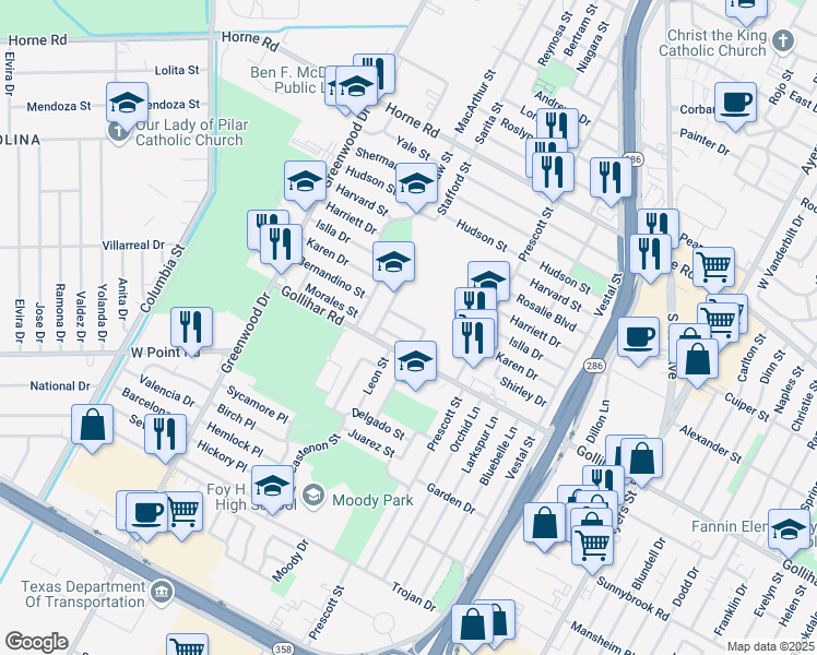 map of restaurants, bars, coffee shops, grocery stores, and more near 1813 Morales Street in Corpus Christi
