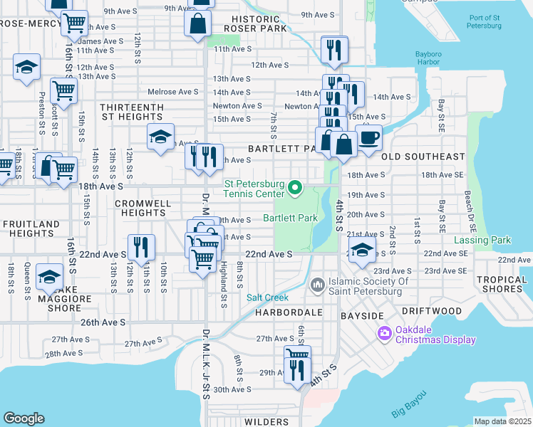 map of restaurants, bars, coffee shops, grocery stores, and more near 2001 7th Street South in St. Petersburg