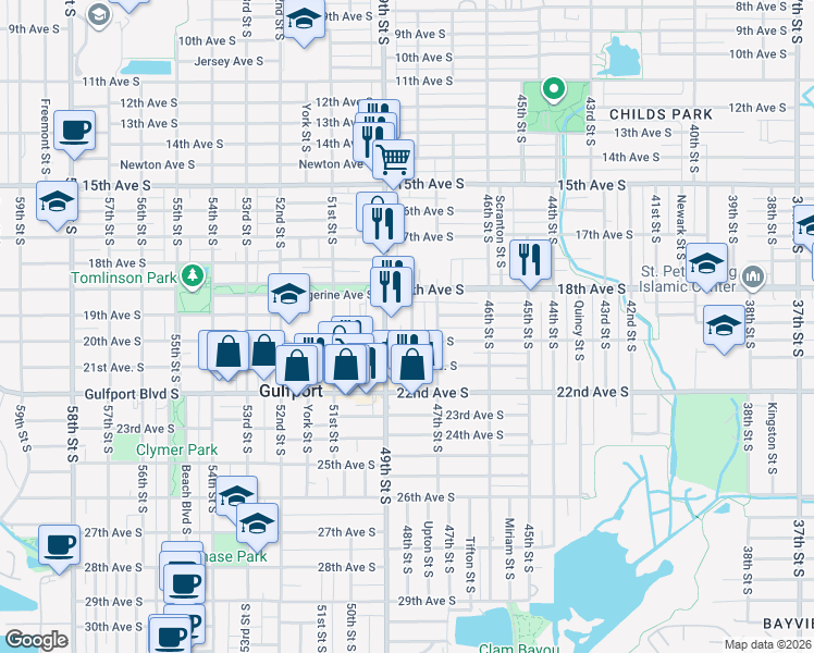 map of restaurants, bars, coffee shops, grocery stores, and more near 1921 48th Street South in St. Petersburg