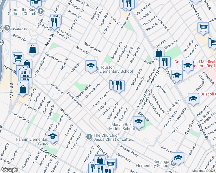 map of restaurants, bars, coffee shops, grocery stores, and more near 1517 Green Grove Drive in Corpus Christi