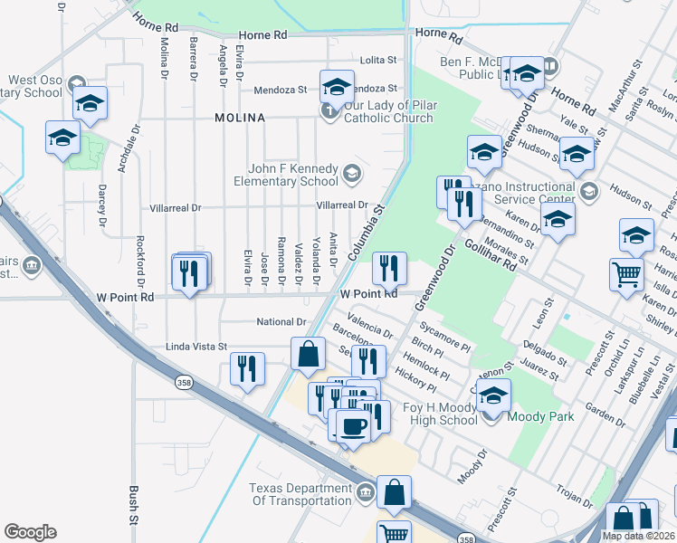 map of restaurants, bars, coffee shops, grocery stores, and more near 4645 Columbia Street in Corpus Christi