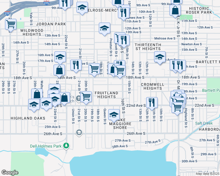 map of restaurants, bars, coffee shops, grocery stores, and more near 1652 20th Avenue South in St. Petersburg