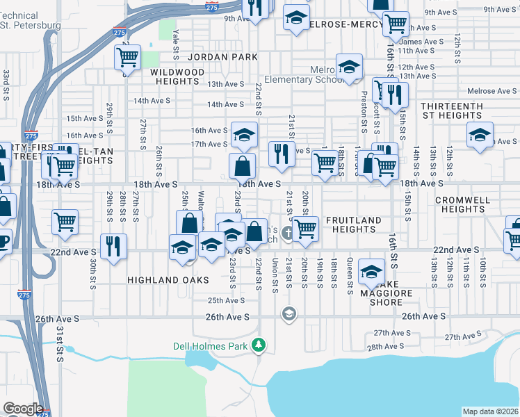 map of restaurants, bars, coffee shops, grocery stores, and more near 2219 21st Avenue South in St. Petersburg