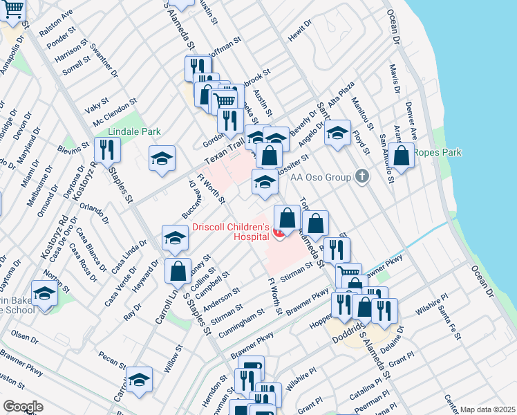 map of restaurants, bars, coffee shops, grocery stores, and more near 3455 South Alameda Street in Corpus Christi