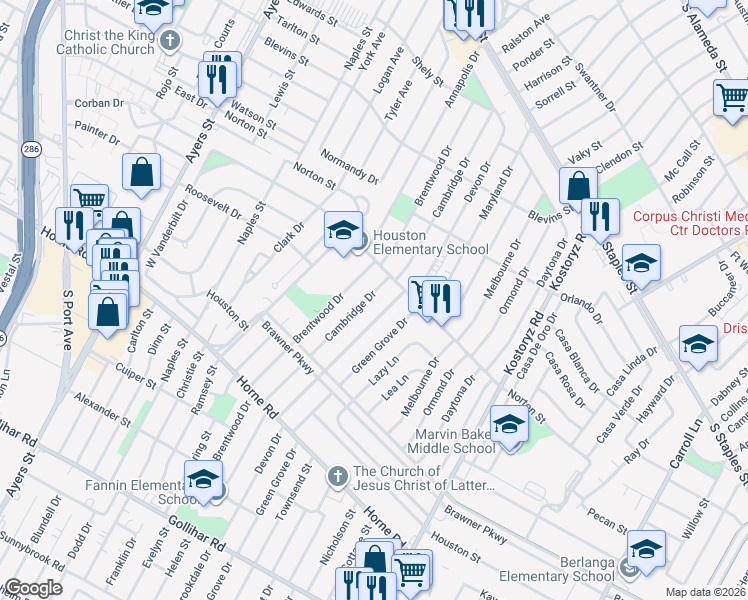 map of restaurants, bars, coffee shops, grocery stores, and more near 1537 Devon Drive in Corpus Christi
