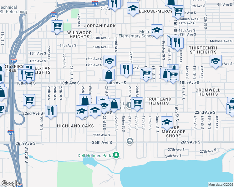 map of restaurants, bars, coffee shops, grocery stores, and more near 2219 21st Avenue South in St. Petersburg