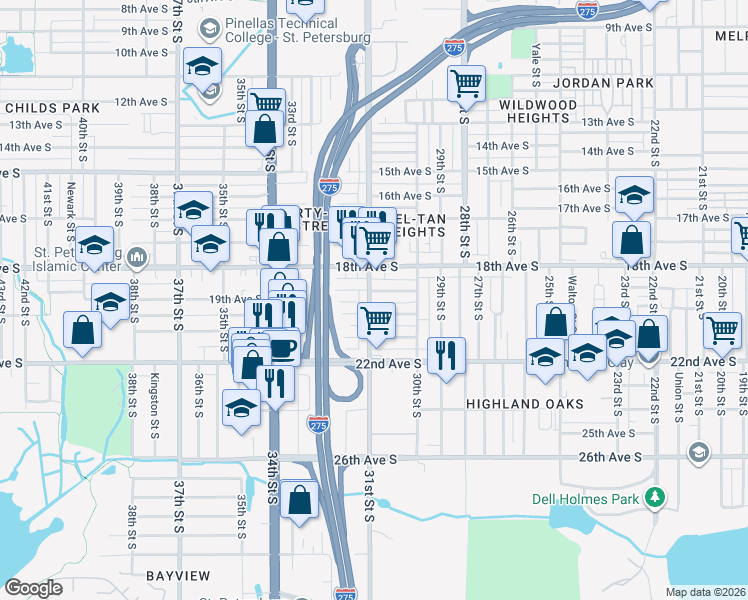 map of restaurants, bars, coffee shops, grocery stores, and more near 3100 20th Avenue South in St. Petersburg