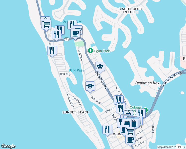 map of restaurants, bars, coffee shops, grocery stores, and more near 8800 Florida 699 in St. Pete Beach