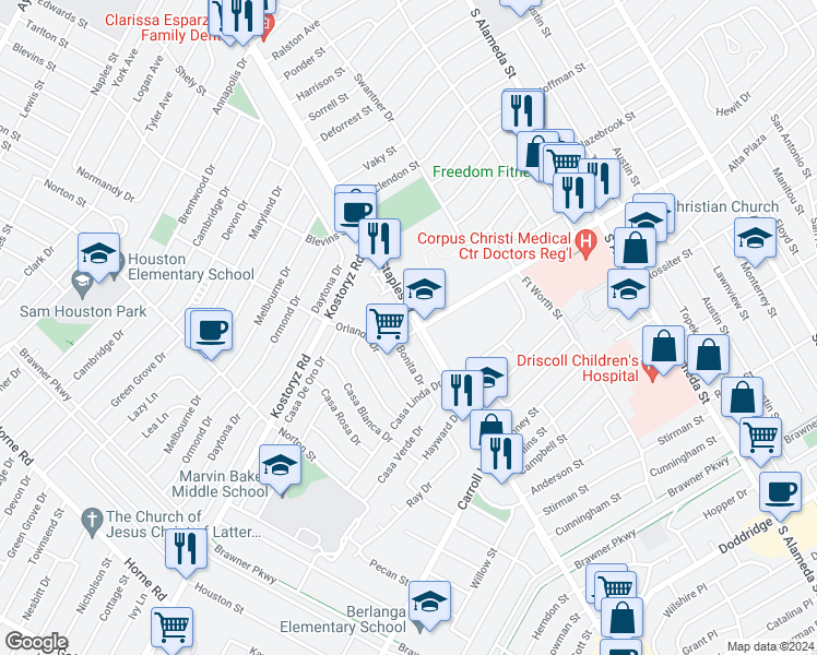 map of restaurants, bars, coffee shops, grocery stores, and more near 3253 South Staples Street in Corpus Christi