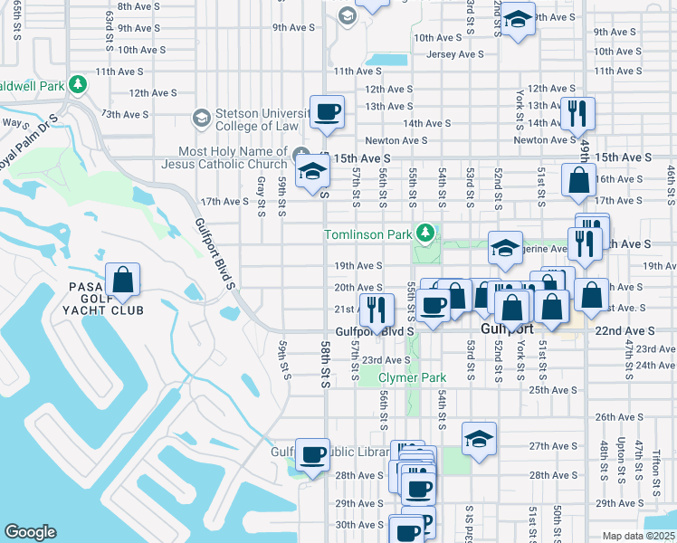 map of restaurants, bars, coffee shops, grocery stores, and more near 5718 19th Avenue South in Gulfport