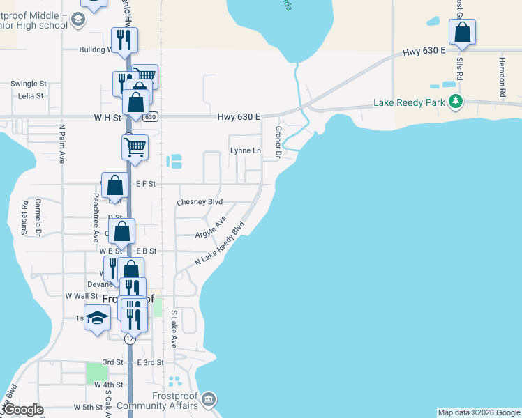 map of restaurants, bars, coffee shops, grocery stores, and more near 214 North Lake Reedy Boulevard in Frostproof