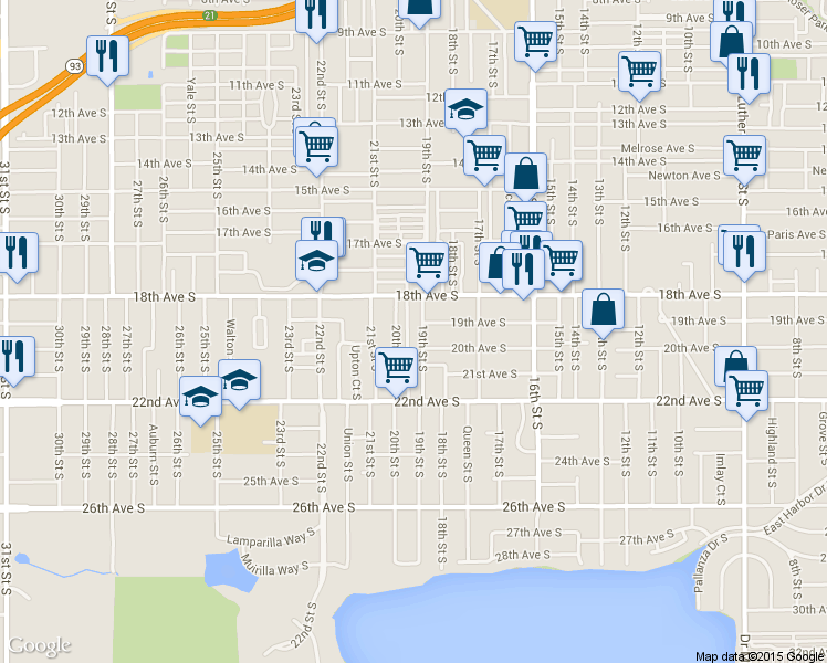 map of restaurants, bars, coffee shops, grocery stores, and more near 1830 19th Street South in St. Petersburg
