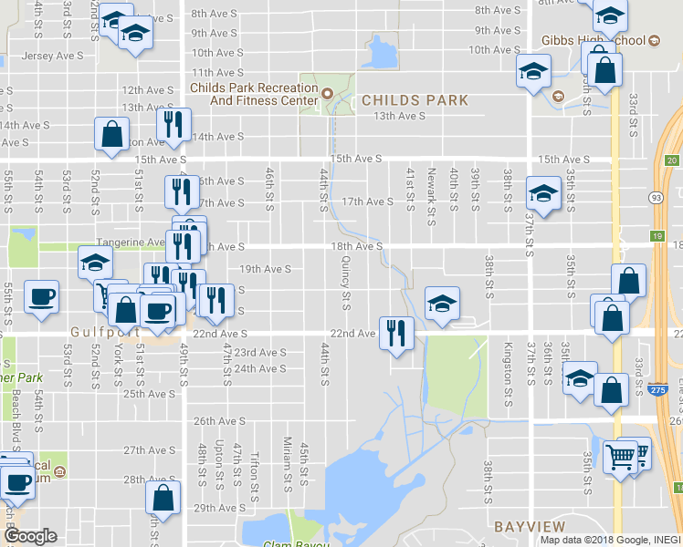 map of restaurants, bars, coffee shops, grocery stores, and more near 1818 Quincy Street South in St. Petersburg