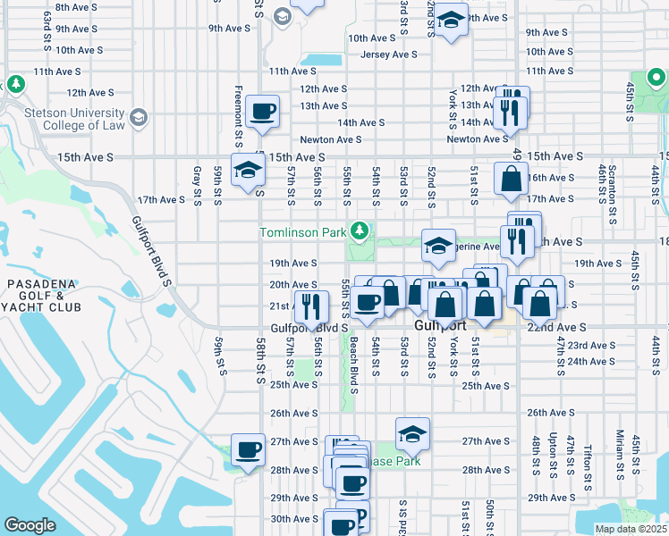 map of restaurants, bars, coffee shops, grocery stores, and more near 5510 Tangerine Avenue South in Gulfport