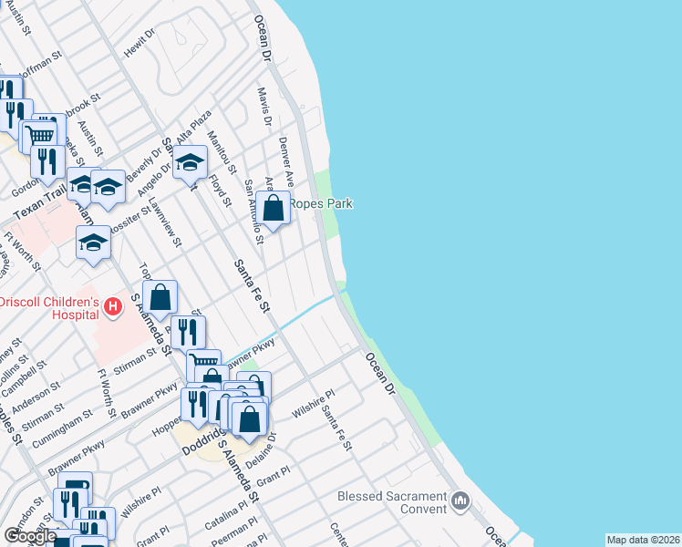 map of restaurants, bars, coffee shops, grocery stores, and more near 3614 Ocean Drive in Corpus Christi