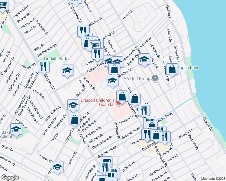 map of restaurants, bars, coffee shops, grocery stores, and more near 3333 South Alameda Street in Corpus Christi