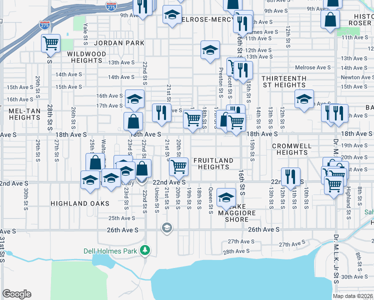 map of restaurants, bars, coffee shops, grocery stores, and more near 1826 19th Street South in St. Petersburg