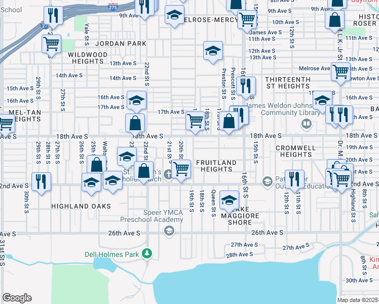 map of restaurants, bars, coffee shops, grocery stores, and more near 1909 19th Street South in St. Petersburg