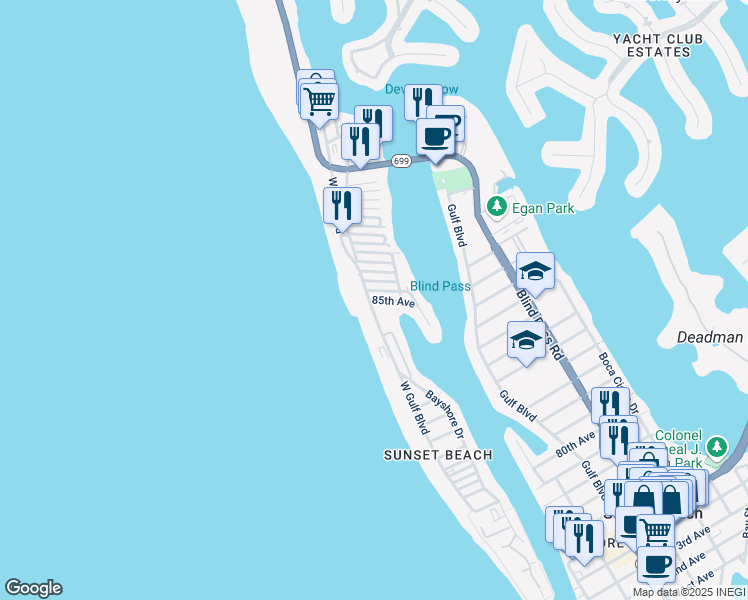 map of restaurants, bars, coffee shops, grocery stores, and more near 105 86th Avenue in Treasure Island