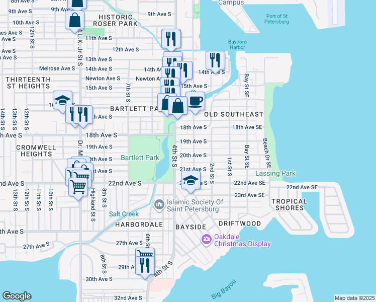 map of restaurants, bars, coffee shops, grocery stores, and more near 342 19th Avenue South in St. Petersburg