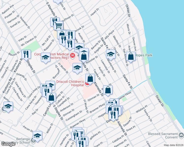 map of restaurants, bars, coffee shops, grocery stores, and more near 3430 South Alameda Street in Corpus Christi