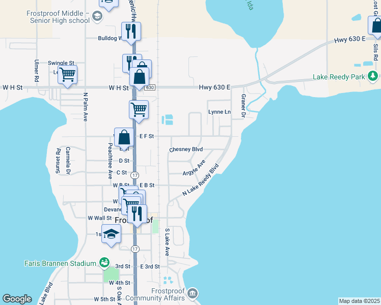 map of restaurants, bars, coffee shops, grocery stores, and more near 239 Chesney Boulevard in Frostproof