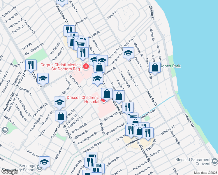 map of restaurants, bars, coffee shops, grocery stores, and more near 3430 South Alameda Street in Corpus Christi