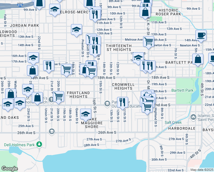 map of restaurants, bars, coffee shops, grocery stores, and more near 1818 14th Street South in St. Petersburg