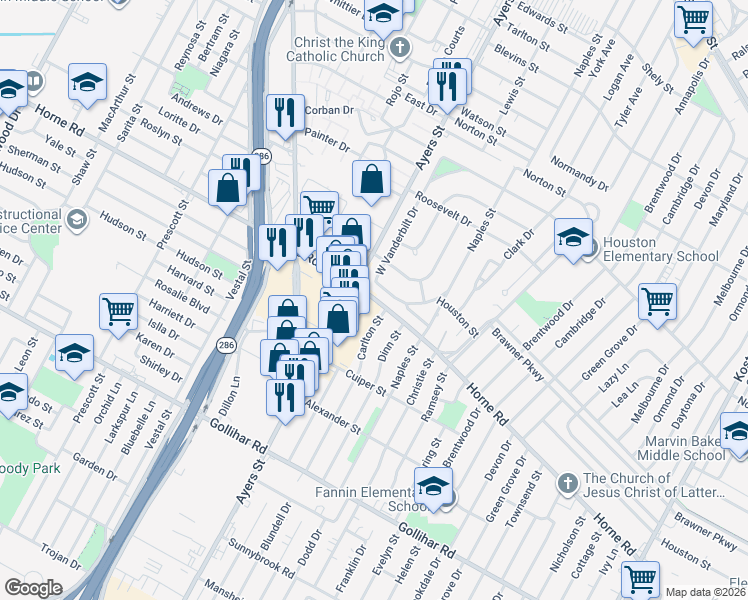 map of restaurants, bars, coffee shops, grocery stores, and more near 4034 West Vanderbilt Drive in Corpus Christi