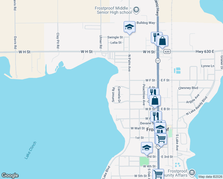 map of restaurants, bars, coffee shops, grocery stores, and more near 327 Sunset Road in Frostproof