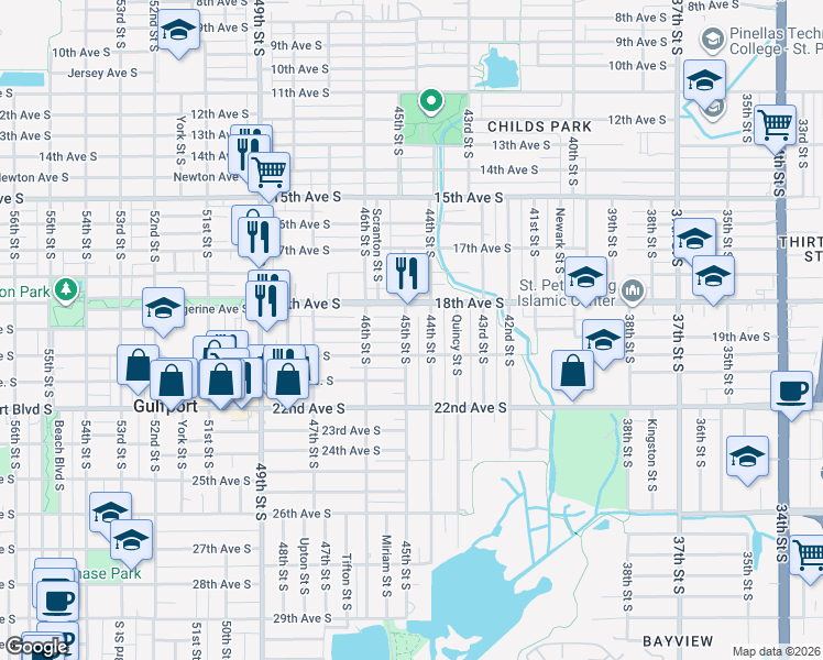 map of restaurants, bars, coffee shops, grocery stores, and more near 1819 44th Street South in St. Petersburg
