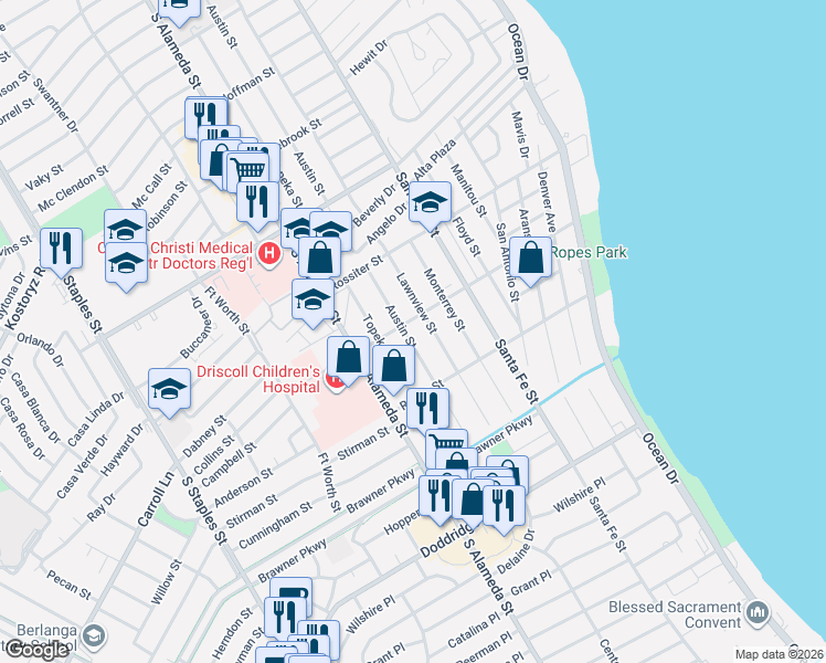 map of restaurants, bars, coffee shops, grocery stores, and more near 3503 Lawnview Street in Corpus Christi