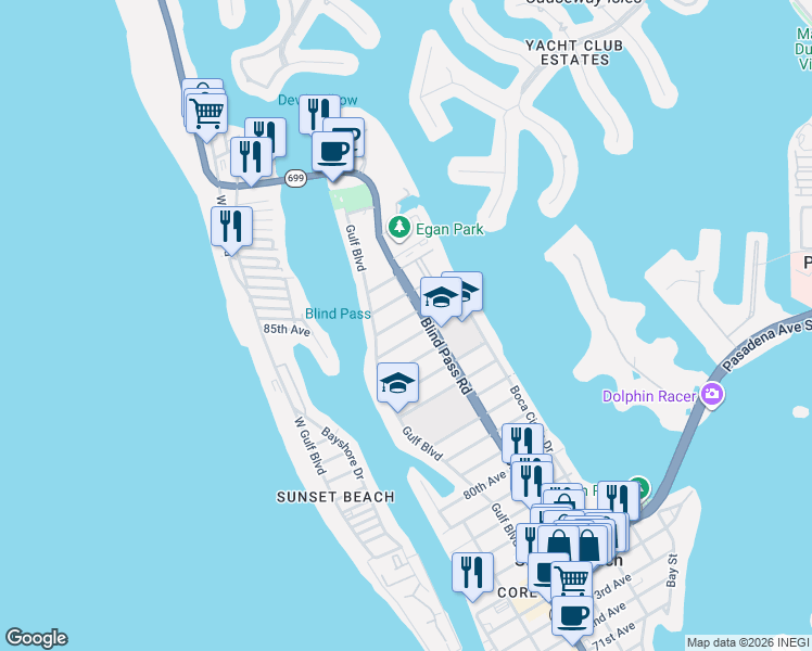 map of restaurants, bars, coffee shops, grocery stores, and more near 8800 Florida 699 in St. Pete Beach