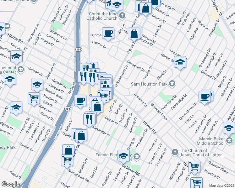 map of restaurants, bars, coffee shops, grocery stores, and more near 4034 West Vanderbilt Drive in Corpus Christi