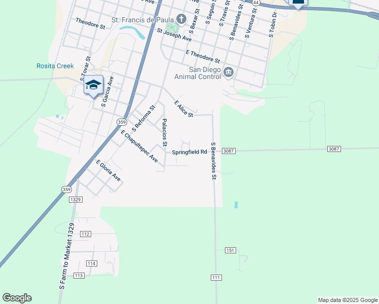 map of restaurants, bars, coffee shops, grocery stores, and more near Springfield Road in San Diego
