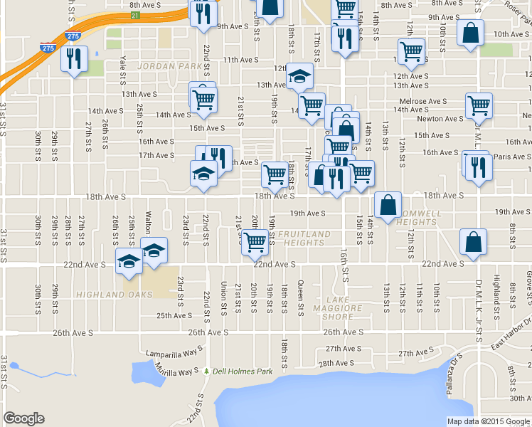 map of restaurants, bars, coffee shops, grocery stores, and more near 1826 19th Street South in St. Petersburg