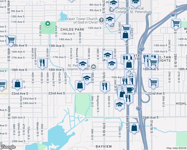 map of restaurants, bars, coffee shops, grocery stores, and more near 3763 18th Avenue South in St. Petersburg