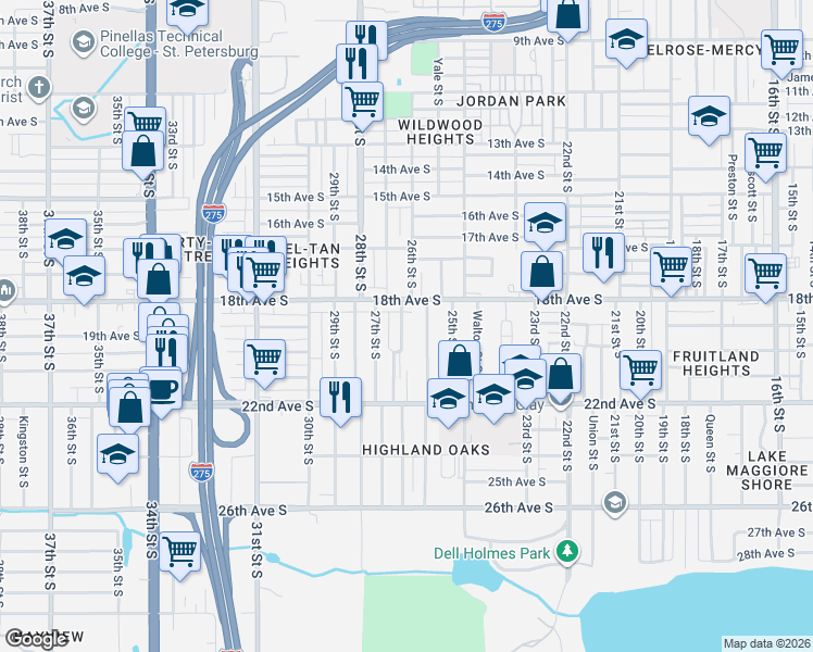 map of restaurants, bars, coffee shops, grocery stores, and more near 1844 Auburn Street South in St. Petersburg