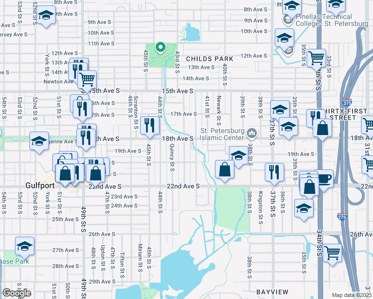 map of restaurants, bars, coffee shops, grocery stores, and more near 1840 43rd Street South in Saint Petersburg