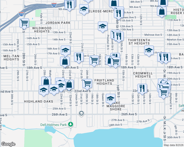 map of restaurants, bars, coffee shops, grocery stores, and more near 1847 19th Street South in St. Petersburg