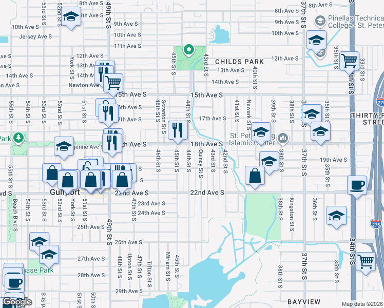 map of restaurants, bars, coffee shops, grocery stores, and more near 1819 44th Street South in St. Petersburg