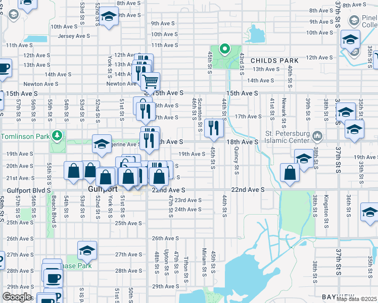 map of restaurants, bars, coffee shops, grocery stores, and more near 4642 18th Avenue South in St. Petersburg