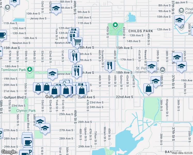 map of restaurants, bars, coffee shops, grocery stores, and more near 4642 18th Avenue South in St. Petersburg