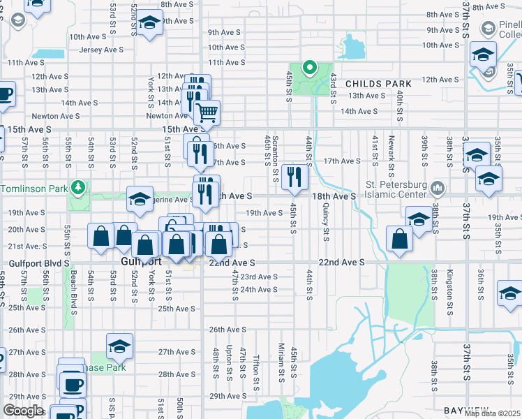 map of restaurants, bars, coffee shops, grocery stores, and more near 4642 18th Avenue South in St. Petersburg